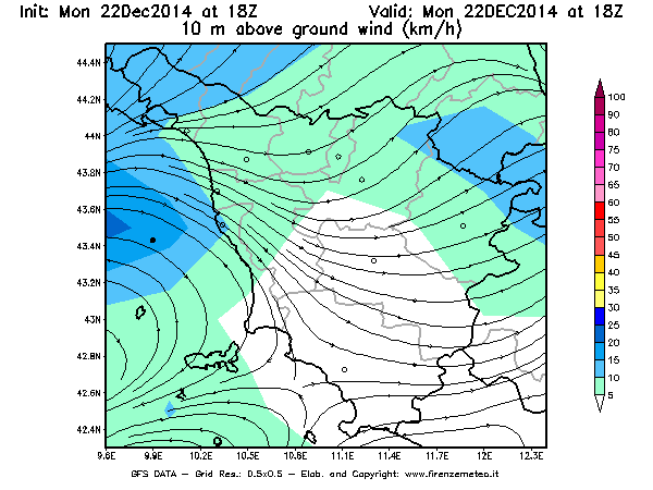 Mappa di analisi GFS - Velocità del vento a 10 metri dal suolo [km/h] in Toscana
							del 22/12/2014 18 <!--googleoff: index-->UTC<!--googleon: index-->