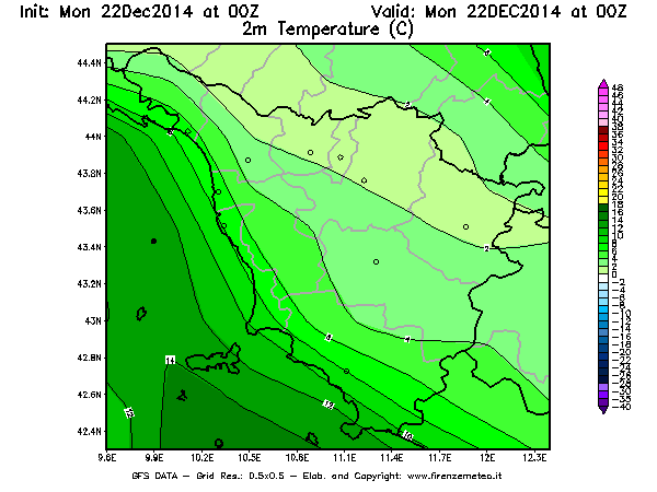 Mappa di analisi GFS - Temperatura a 2 metri dal suolo [°C] in Toscana
							del 22/12/2014 00 <!--googleoff: index-->UTC<!--googleon: index-->
