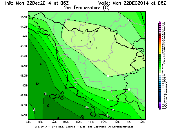 Mappa di analisi GFS - Temperatura a 2 metri dal suolo [°C] in Toscana
							del 22/12/2014 06 <!--googleoff: index-->UTC<!--googleon: index-->