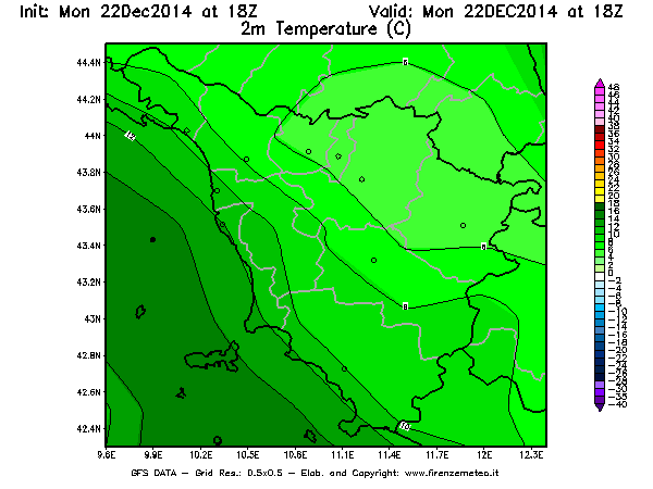 Mappa di analisi GFS - Temperatura a 2 metri dal suolo [°C] in Toscana
									del 22/12/2014 18 <!--googleoff: index-->UTC<!--googleon: index-->