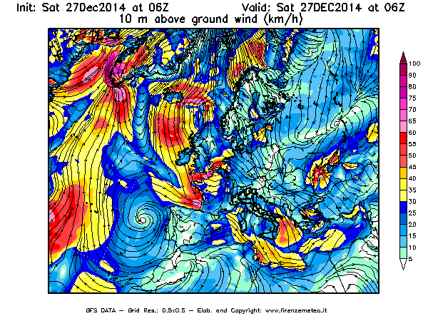 Mappa di analisi GFS - Velocità del vento a 10 metri dal suolo [km/h] in Europa
									del 27/12/2014 06 <!--googleoff: index-->UTC<!--googleon: index-->