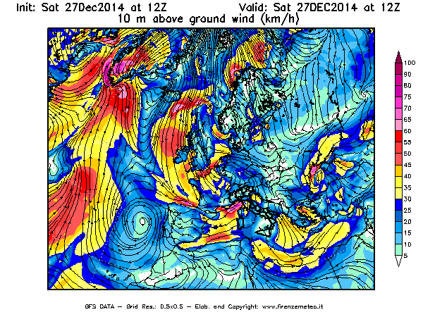 Mappa di analisi GFS - Velocità del vento a 10 metri dal suolo [km/h] in Europa
									del 27/12/2014 12 <!--googleoff: index-->UTC<!--googleon: index-->