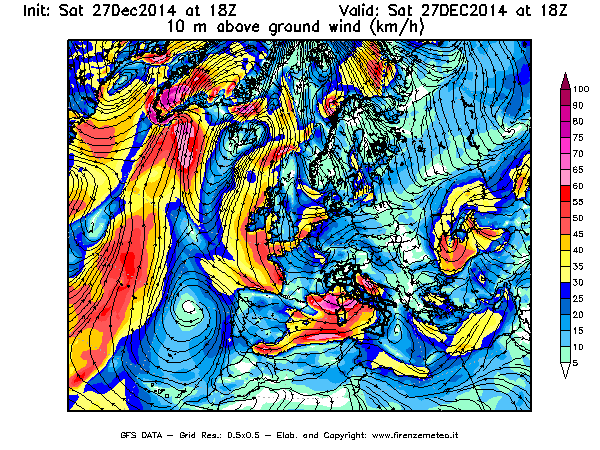 Mappa di analisi GFS - Velocità del vento a 10 metri dal suolo [km/h] in Europa
							del 27/12/2014 18 <!--googleoff: index-->UTC<!--googleon: index-->