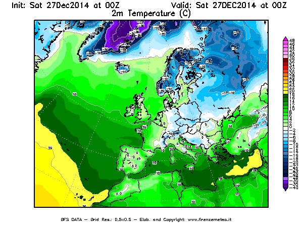 Mappa di analisi GFS - Temperatura a 2 metri dal suolo [°C] in Europa
							del 27/12/2014 00 <!--googleoff: index-->UTC<!--googleon: index-->
