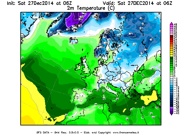 Mappa di analisi GFS - Temperatura a 2 metri dal suolo [°C] in Europa
							del 27/12/2014 06 <!--googleoff: index-->UTC<!--googleon: index-->