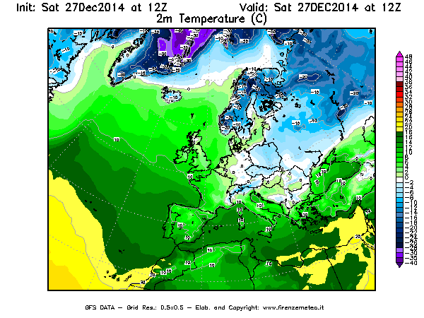 Mappa di analisi GFS - Temperatura a 2 metri dal suolo [°C] in Europa
							del 27/12/2014 12 <!--googleoff: index-->UTC<!--googleon: index-->