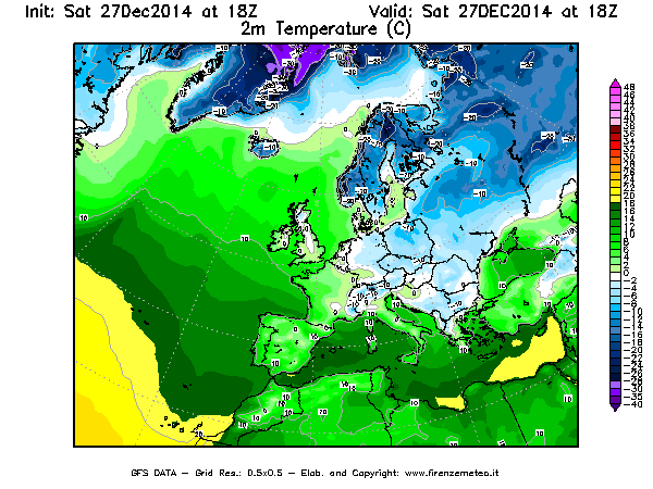 Mappa di analisi GFS - Temperatura a 2 metri dal suolo [°C] in Europa
									del 27/12/2014 18 <!--googleoff: index-->UTC<!--googleon: index-->