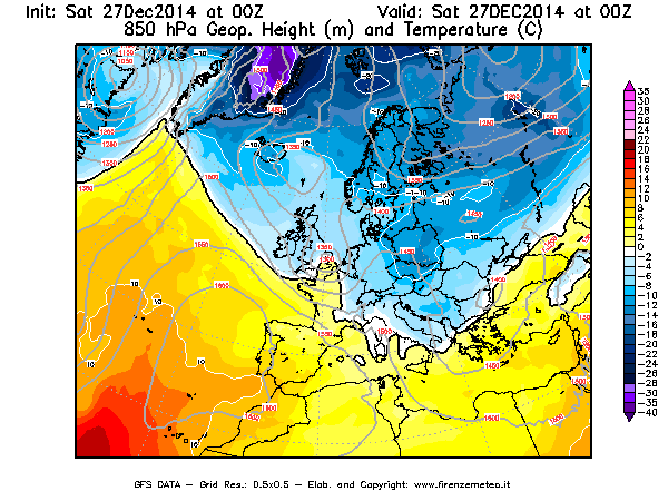Mappa di analisi GFS - Geopotenziale [m] e Temperatura [°C] a 850 hPa in Europa
									del 27/12/2014 00 <!--googleoff: index-->UTC<!--googleon: index-->