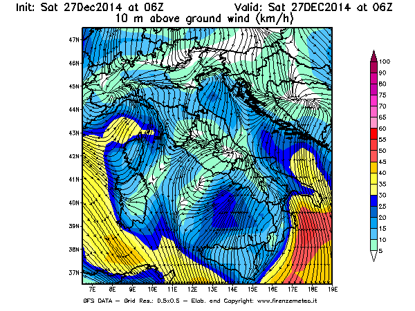 Mappa di analisi GFS - Velocità del vento a 10 metri dal suolo [km/h] in Italia
							del 27/12/2014 06 <!--googleoff: index-->UTC<!--googleon: index-->