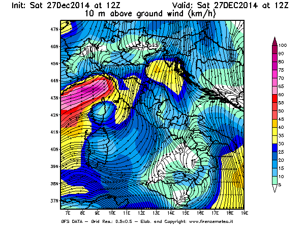 Mappa di analisi GFS - Velocità del vento a 10 metri dal suolo [km/h] in Italia
							del 27/12/2014 12 <!--googleoff: index-->UTC<!--googleon: index-->