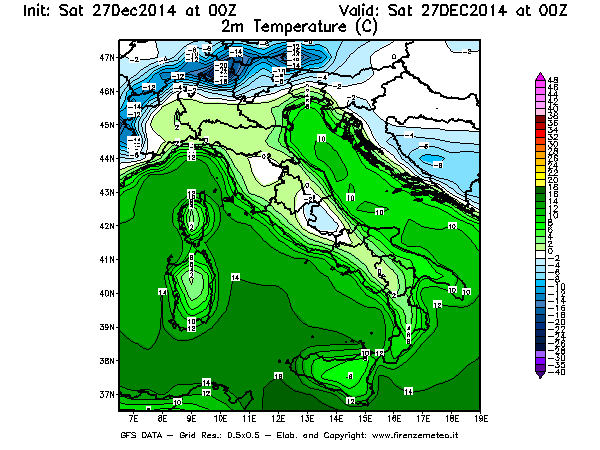 Mappa di analisi GFS - Temperatura a 2 metri dal suolo [°C] in Italia
									del 27/12/2014 00 <!--googleoff: index-->UTC<!--googleon: index-->