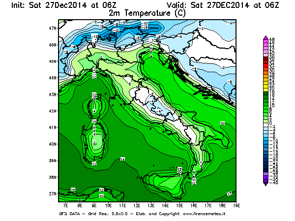 Mappa di analisi GFS - Temperatura a 2 metri dal suolo [°C] in Italia
									del 27/12/2014 06 <!--googleoff: index-->UTC<!--googleon: index-->