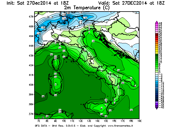 Mappa di analisi GFS - Temperatura a 2 metri dal suolo [°C] in Italia
									del 27/12/2014 18 <!--googleoff: index-->UTC<!--googleon: index-->