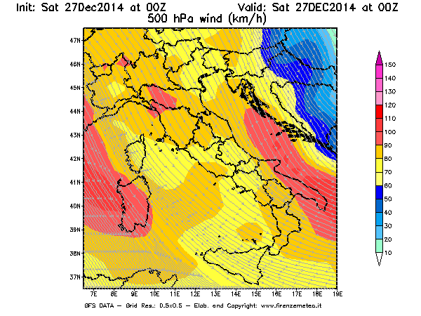 Mappa di analisi GFS - Velocità del vento a 500 hPa [km/h] in Italia
							del 27/12/2014 00 <!--googleoff: index-->UTC<!--googleon: index-->