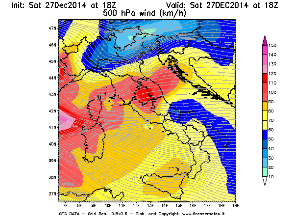 Mappa di analisi GFS - Velocità del vento a 500 hPa [km/h] in Italia
							del 27/12/2014 18 <!--googleoff: index-->UTC<!--googleon: index-->