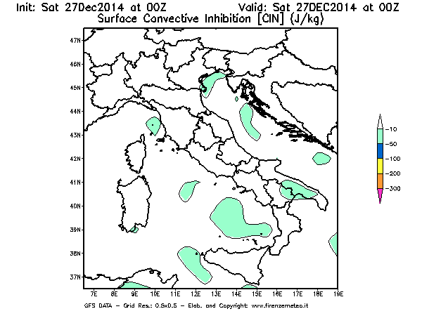 Mappa di analisi GFS - CIN [J/kg] in Italia
									del 27/12/2014 00 <!--googleoff: index-->UTC<!--googleon: index-->