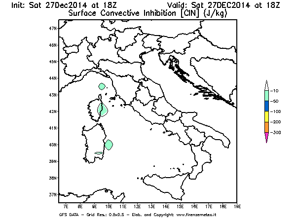 Mappa di analisi GFS - CIN [J/kg] in Italia
							del 27/12/2014 18 <!--googleoff: index-->UTC<!--googleon: index-->