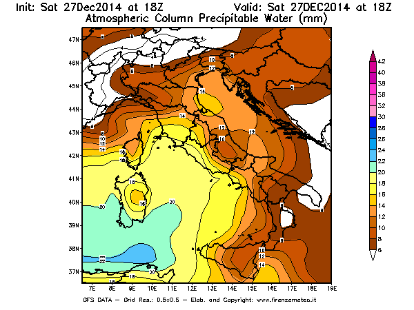 Mappa di analisi GFS - Precipitable Water [mm] in Italia
									del 27/12/2014 18 <!--googleoff: index-->UTC<!--googleon: index-->