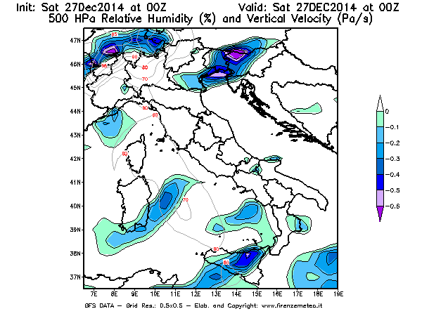 Mappa di analisi GFS - Umidità relativa [%] e Omega [Pa/s] a 500 hPa in Italia
									del 27/12/2014 00 <!--googleoff: index-->UTC<!--googleon: index-->