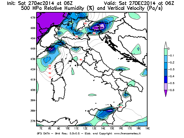 Mappa di analisi GFS - Umidità relativa [%] e Omega [Pa/s] a 500 hPa in Italia
									del 27/12/2014 06 <!--googleoff: index-->UTC<!--googleon: index-->