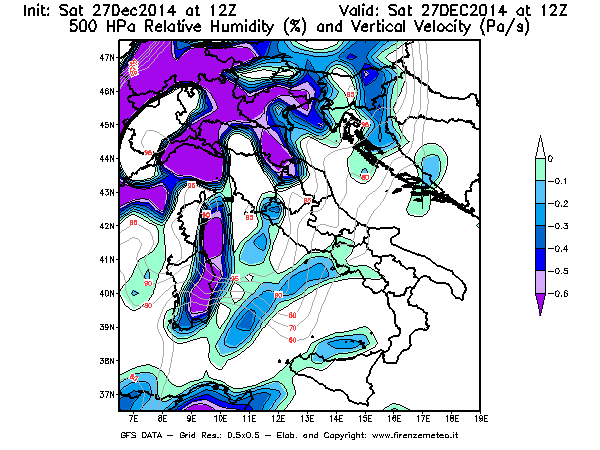 Mappa di analisi GFS - Umidità relativa [%] e Omega [Pa/s] a 500 hPa in Italia
							del 27/12/2014 12 <!--googleoff: index-->UTC<!--googleon: index-->
