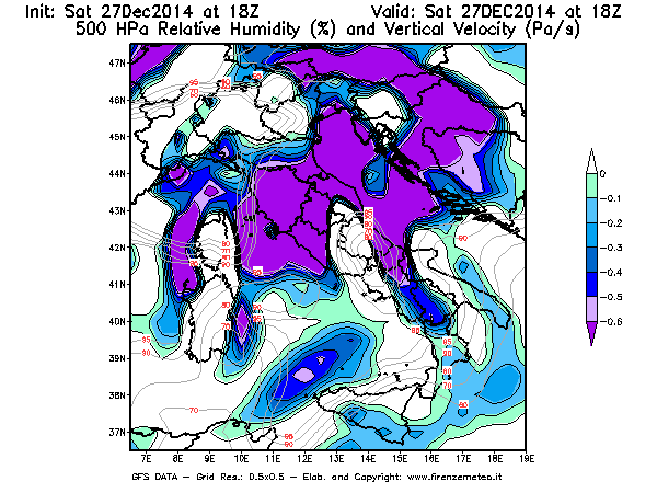 Mappa di analisi GFS - Umidità relativa [%] e Omega [Pa/s] a 500 hPa in Italia
							del 27/12/2014 18 <!--googleoff: index-->UTC<!--googleon: index-->