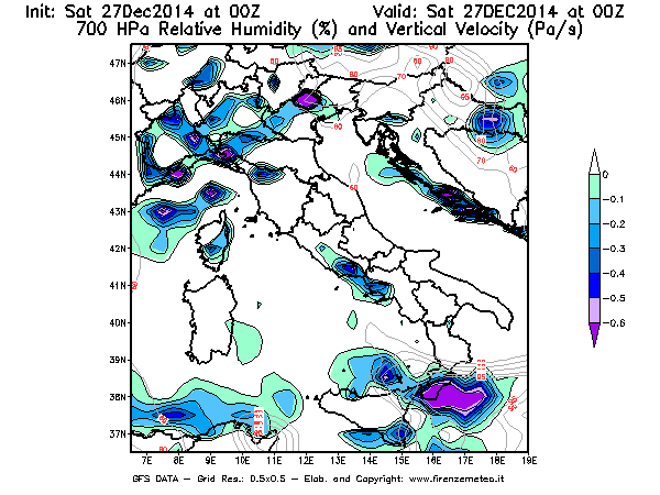 Mappa di analisi GFS - Umidità relativa [%] e Omega [Pa/s] a 700 hPa in Italia
									del 27/12/2014 00 <!--googleoff: index-->UTC<!--googleon: index-->