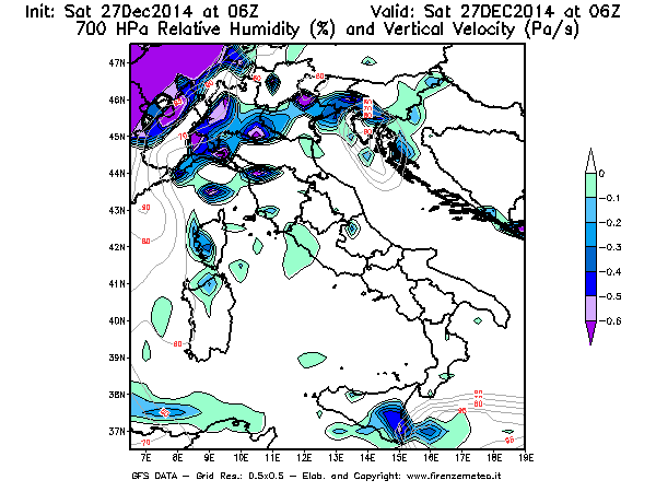 Mappa di analisi GFS - Umidità relativa [%] e Omega [Pa/s] a 700 hPa in Italia
									del 27/12/2014 06 <!--googleoff: index-->UTC<!--googleon: index-->