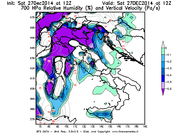 Mappa di analisi GFS - Umidità relativa [%] e Omega [Pa/s] a 700 hPa in Italia
							del 27/12/2014 12 <!--googleoff: index-->UTC<!--googleon: index-->