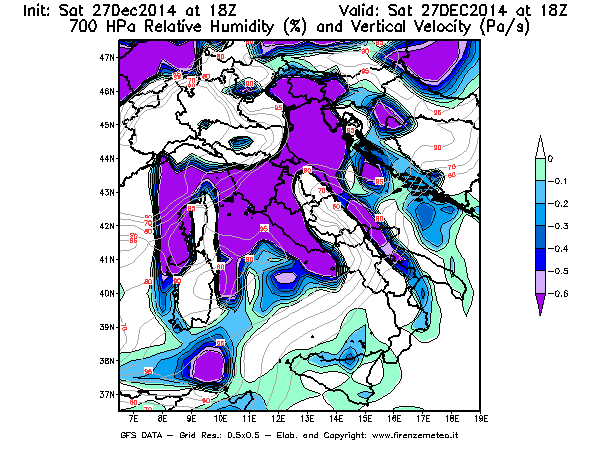Mappa di analisi GFS - Umidità relativa [%] e Omega [Pa/s] a 700 hPa in Italia
							del 27/12/2014 18 <!--googleoff: index-->UTC<!--googleon: index-->