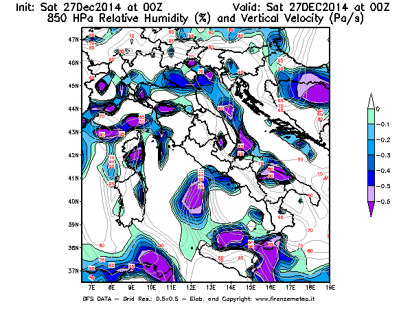 Mappa di analisi GFS - Umidità relativa [%] e Omega [Pa/s] a 850 hPa in Italia
									del 27/12/2014 00 <!--googleoff: index-->UTC<!--googleon: index-->