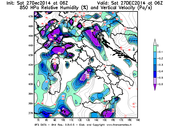 Mappa di analisi GFS - Umidità relativa [%] e Omega [Pa/s] a 850 hPa in Italia
									del 27/12/2014 06 <!--googleoff: index-->UTC<!--googleon: index-->