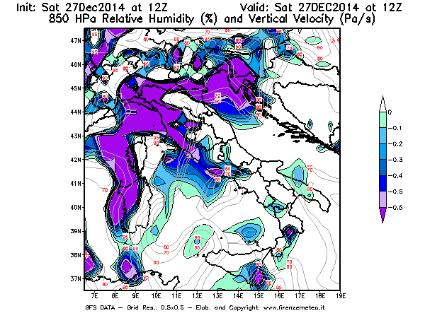 Mappa di analisi GFS - Umidità relativa [%] e Omega [Pa/s] a 850 hPa in Italia
							del 27/12/2014 12 <!--googleoff: index-->UTC<!--googleon: index-->