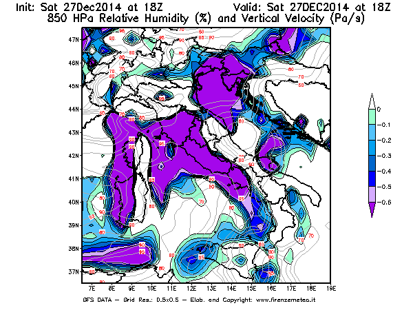 Mappa di analisi GFS - Umidità relativa [%] e Omega [Pa/s] a 850 hPa in Italia
									del 27/12/2014 18 <!--googleoff: index-->UTC<!--googleon: index-->