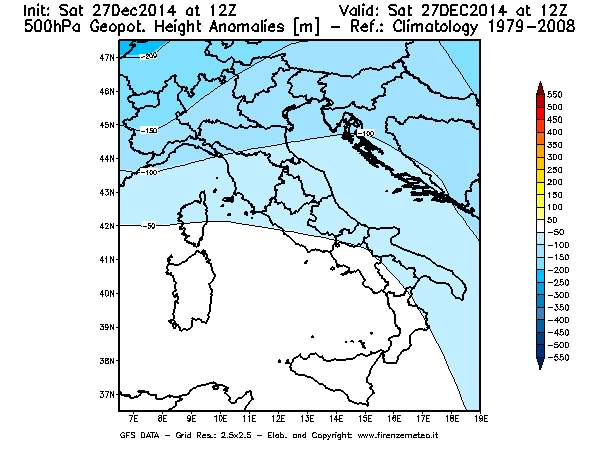 Mappa di analisi GFS - Anomalia di Geopotenziale a 500 hPa in Italia
							del 27/12/2014 12 <!--googleoff: index-->UTC<!--googleon: index-->
