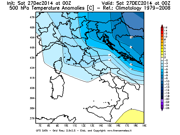 Mappa di analisi GFS - Anomalia Temperatura [°C] a 500 hPa in Italia
							del 27/12/2014 00 <!--googleoff: index-->UTC<!--googleon: index-->