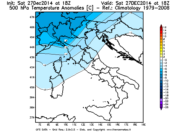Mappa di analisi GFS - Anomalia Temperatura [°C] a 500 hPa in Italia
							del 27/12/2014 18 <!--googleoff: index-->UTC<!--googleon: index-->