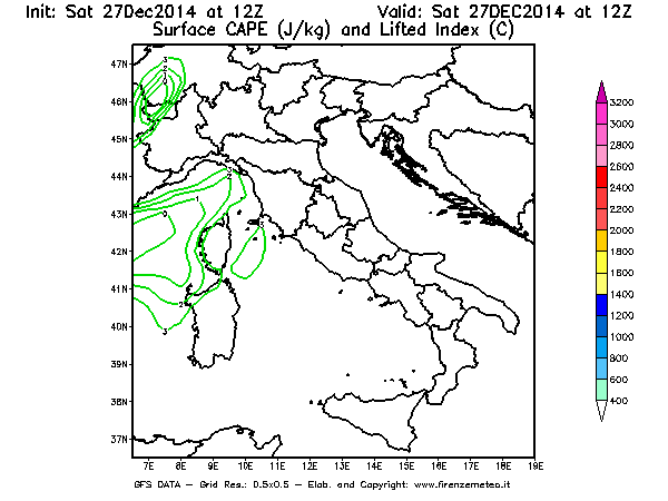 Mappa di analisi GFS - CAPE [J/kg] e Lifted Index [°C] in Italia
							del 27/12/2014 12 <!--googleoff: index-->UTC<!--googleon: index-->