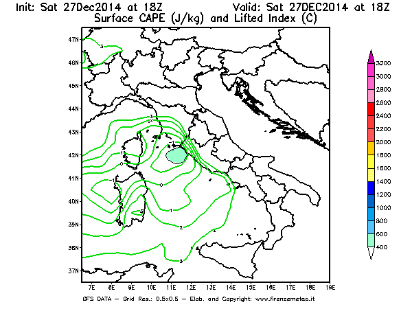 Mappa di analisi GFS - CAPE [J/kg] e Lifted Index [°C] in Italia
									del 27/12/2014 18 <!--googleoff: index-->UTC<!--googleon: index-->