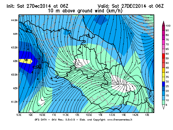 Mappa di analisi GFS - Velocità del vento a 10 metri dal suolo [km/h] in Centro-Italia
							del 27/12/2014 06 <!--googleoff: index-->UTC<!--googleon: index-->