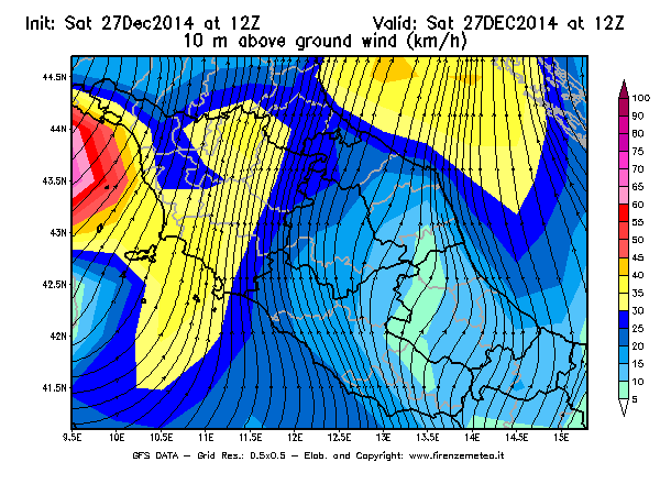 Mappa di analisi GFS - Velocità del vento a 10 metri dal suolo [km/h] in Centro-Italia
									del 27/12/2014 12 <!--googleoff: index-->UTC<!--googleon: index-->