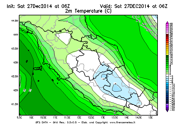Mappa di analisi GFS - Temperatura a 2 metri dal suolo [°C] in Centro-Italia
							del 27/12/2014 06 <!--googleoff: index-->UTC<!--googleon: index-->