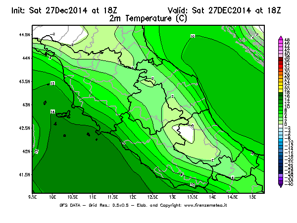 Mappa di analisi GFS - Temperatura a 2 metri dal suolo [°C] in Centro-Italia
									del 27/12/2014 18 <!--googleoff: index-->UTC<!--googleon: index-->