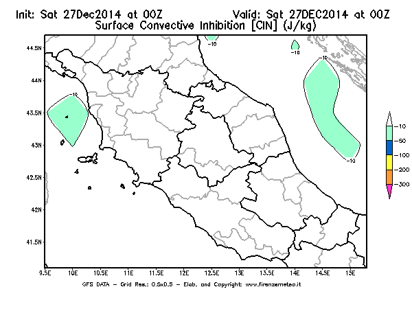 Mappa di analisi GFS - CIN [J/kg] in Centro-Italia
							del 27/12/2014 00 <!--googleoff: index-->UTC<!--googleon: index-->