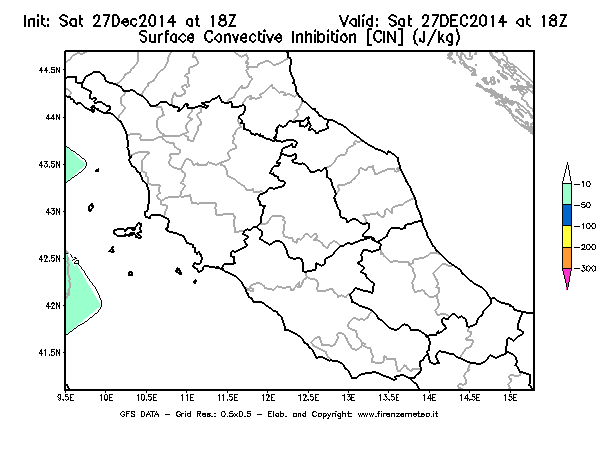 Mappa di analisi GFS - CIN [J/kg] in Centro-Italia
									del 27/12/2014 18 <!--googleoff: index-->UTC<!--googleon: index-->