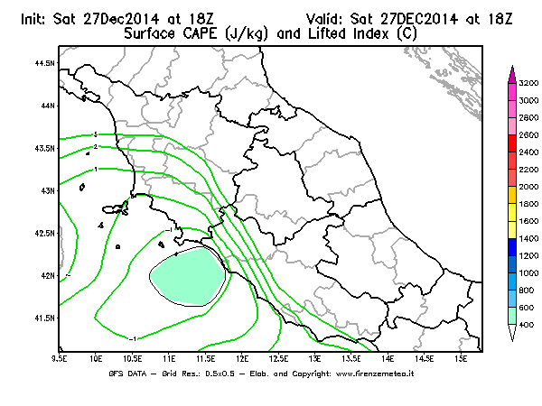 Mappa di analisi GFS - CAPE [J/kg] e Lifted Index [°C] in Centro-Italia
							del 27/12/2014 18 <!--googleoff: index-->UTC<!--googleon: index-->