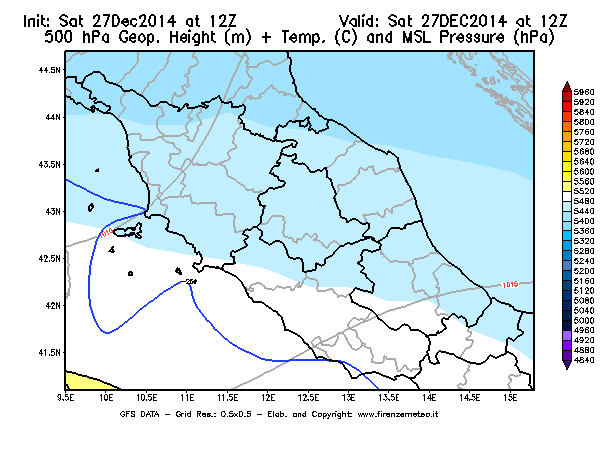Mappa di analisi GFS - Geopotenziale [m] + Temp. [°C] a 500 hPa + Press. a livello del mare [hPa] in Centro-Italia
							del 27/12/2014 12 <!--googleoff: index-->UTC<!--googleon: index-->