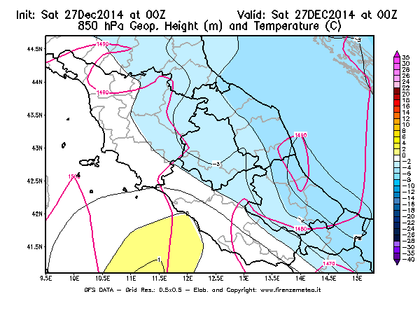Mappa di analisi GFS - Geopotenziale [m] e Temperatura [°C] a 850 hPa in Centro-Italia
									del 27/12/2014 00 <!--googleoff: index-->UTC<!--googleon: index-->