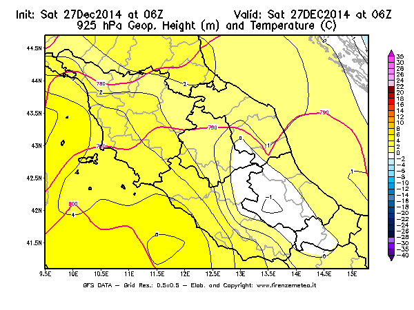 Mappa di analisi GFS - Geopotenziale [m] e Temperatura [°C] a 925 hPa in Centro-Italia
							del 27/12/2014 06 <!--googleoff: index-->UTC<!--googleon: index-->