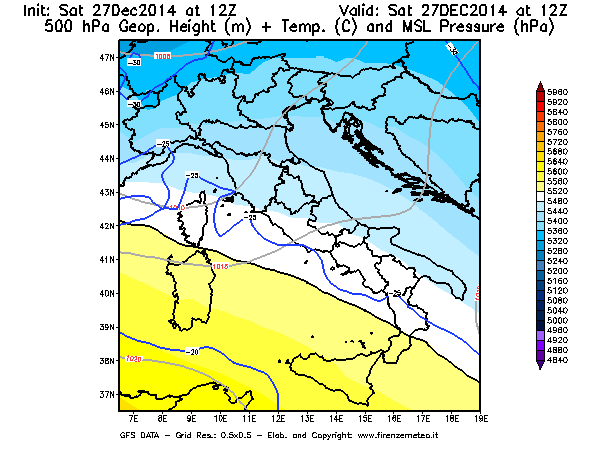 Mappa di analisi GFS - Geopotenziale [m] + Temp. [°C] a 500 hPa + Press. a livello del mare [hPa] in Italia
									del 27/12/2014 12 <!--googleoff: index-->UTC<!--googleon: index-->